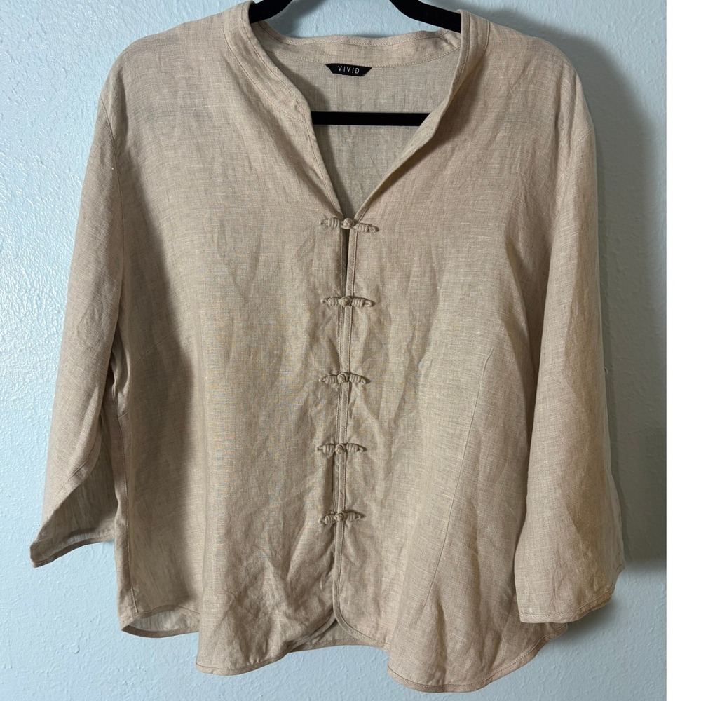 Vivid Linen Blouse Oatmeal Beige Frog Button Mandarin Collar Top M Lagenlook